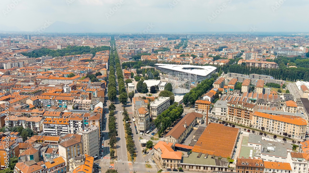 Turin, Italy. Corso Regina Margherita street. Panorama of the city. Summer day, Aerial View