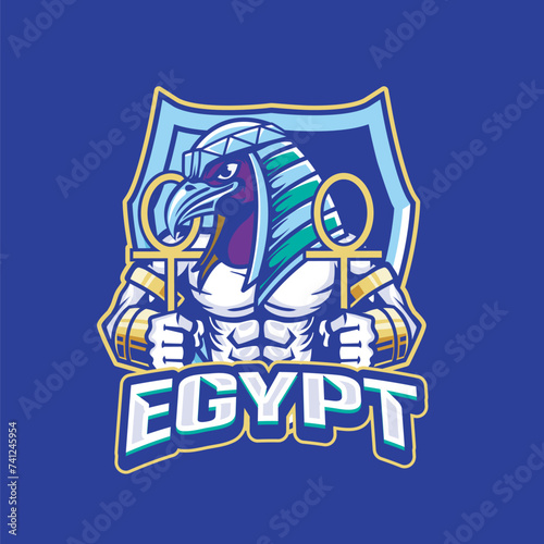 Vector Illustration Crow wearing traditional egyptian costume carrying egyptian symbols with EGYPT text Esport logo