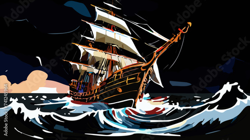 Pirate ship navigating during a storm. Thunder, rain big waves on the ocean. Black boat setting sails on rough water, sea. Digital artwork, painting.