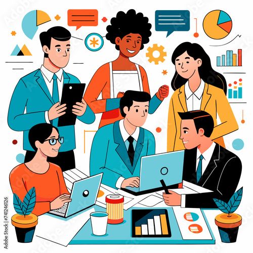 Businessmen and Businesswomen Team at Office Meeting: Fostering Innovation and Collaboration in Teamwork - Business Vector Illustration