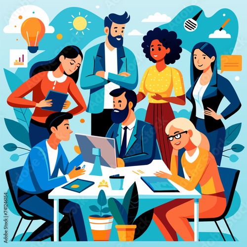 Businessmen and Businesswomen Team at Office Meeting: Fostering Innovation and Collaboration in Teamwork - Business Vector Illustration