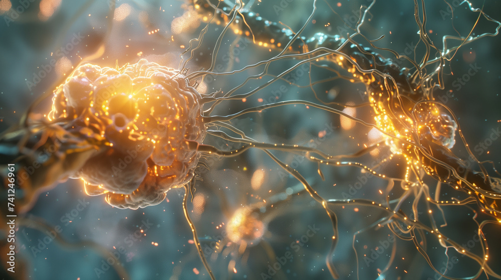 Obraz premium Nano Ai Robots working with neurons to enhance the brain and nervous system performance, futuristic Artificial Intelligence biotechnology for brain research and development 
