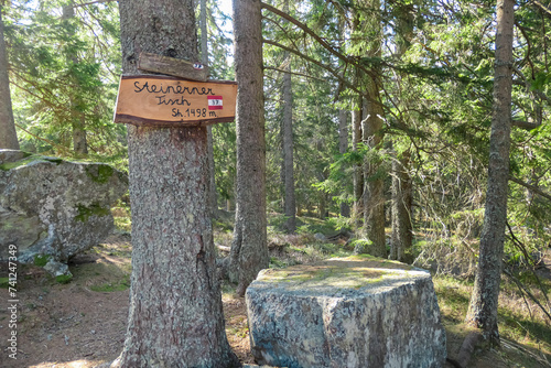 Information sign in front of rock with flat surface resembling table. Board in German language saying: rocky table. Idyllic forest in Modriach, Kor Alps, border Carinthia Styria, Austria. Wooden board