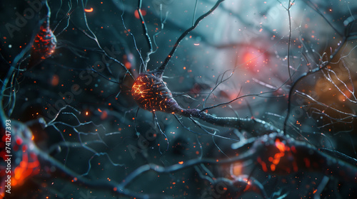 Nano Ai Robots working with neurons to enhance the brain and nervous system performance, futuristic Artificial Intelligence biotechnology for brain research and development   photo