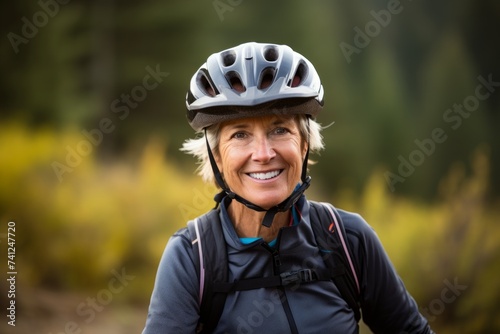 Portrait of a happy senior woman wearing bicycle helmet in the forest
