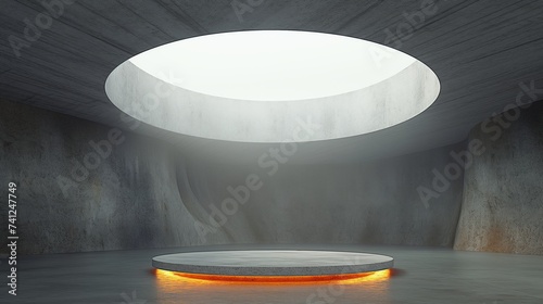 3D illustration of a circular concrete void indoors with pedestal for product presentation.