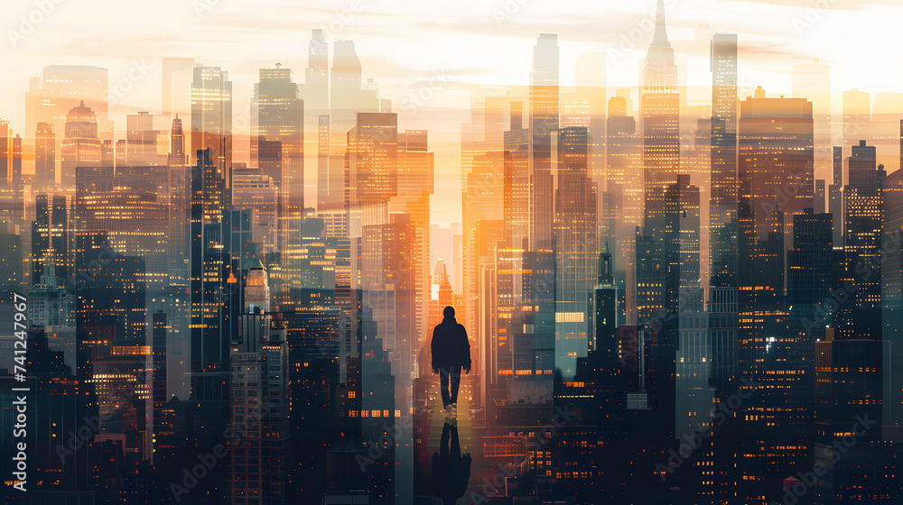 A person's silhouette is superimposed on a cityscape, The cityscape a bustling metropolis, The person's silhouette could be in the foreground with the cityscape in the background. - obrazy, fototapety, plakaty 