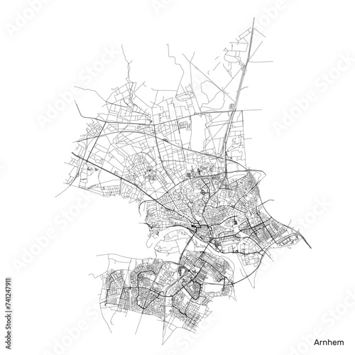 Arnhem city map with roads and streets, Netherlands. Vector outline illustration.