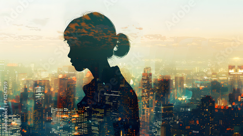 A person s silhouette is superimposed on a cityscape  The cityscape a bustling metropolis  The person s silhouette could be in the foreground with the cityscape in the background.