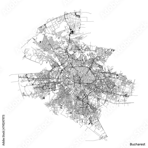 Bucharest city map with roads and streets, Romania. Vector outline illustration.