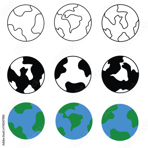 Art & Illustration of earth. Earth Day. Set illustration flat planet Earth. Vector illustration in a simple drawing style, silhouette and colored icon. 