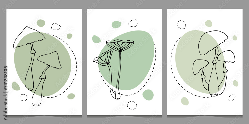Cute doodle minimalistic posters with abstract mushrooms with green spots, on white background. Hand drawn vector illustration for design posters, notebook covers. Decorative print elements.