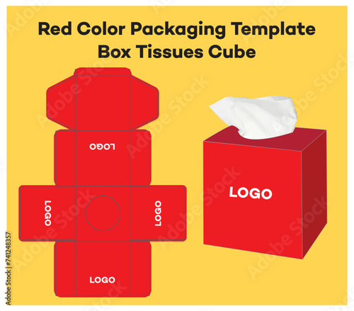 Red Color Packaging Template Box Tissues Cube Vector Design.