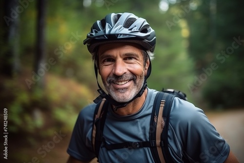 Portrait of a smiling senior man with bicycle helmet in the forest