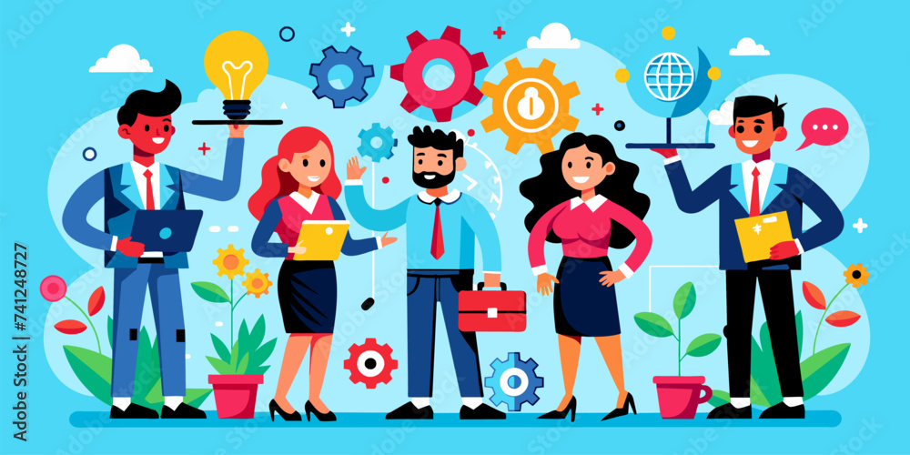 Fototapeta premium Team Cooperation and Communication Concept: Illustrating Effective Business Collaboration- Business Vector Illustration