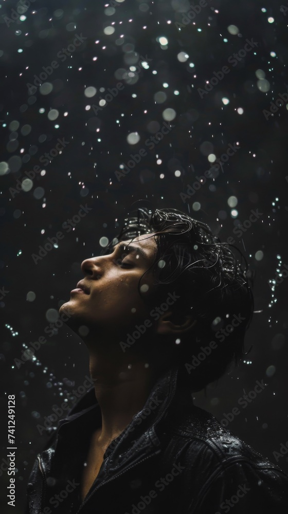 A man standing in the rain with his eyes closed A man standing in the rain with his eyes closed