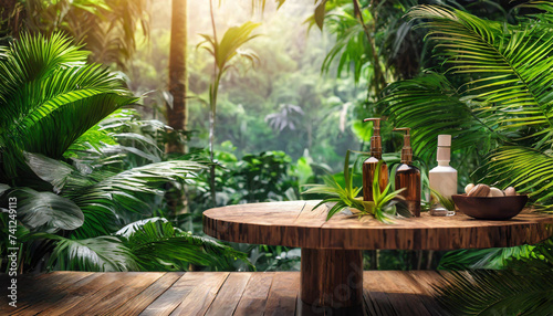 Tropical Tranquility: Cosmetic Item Displayed on Jungle Table Background