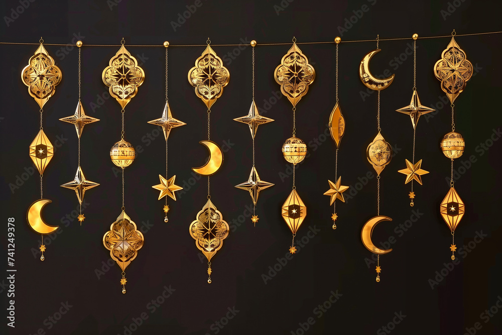 ramadan, carême, guirlande de motifs traditionnels arabes et musulmans, lanternes islamiques et
