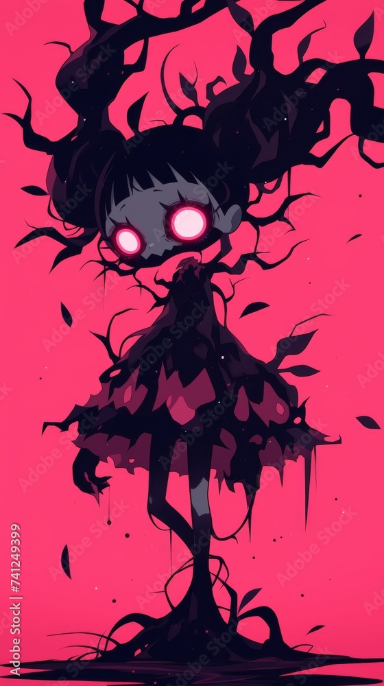 Fototapeta premium A girl with red eyes standing in front of a tree