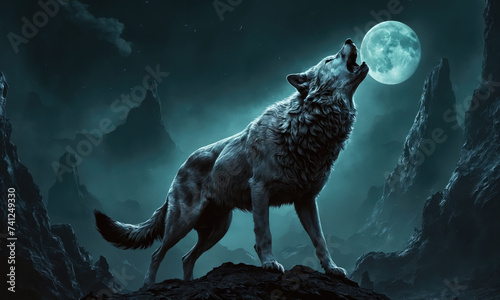 Fantasy Illustration of a wild animal wolf. Digital art style wallpaper background. © Roman