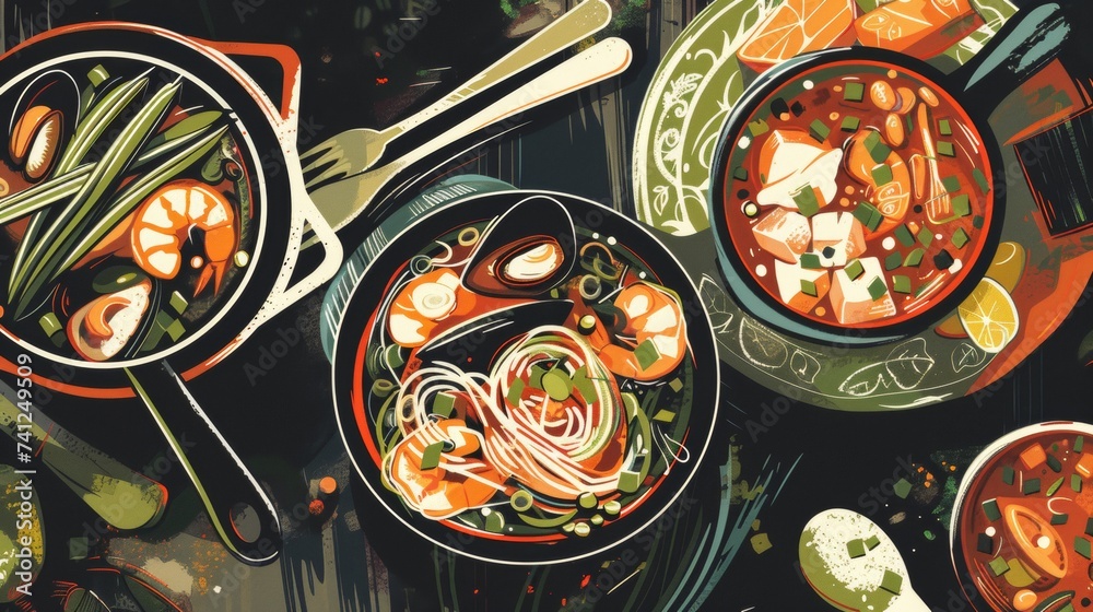 Assorted Asian Noodle Bowls Illustration, Colorful Vintage Asian Cuisine Artwork
