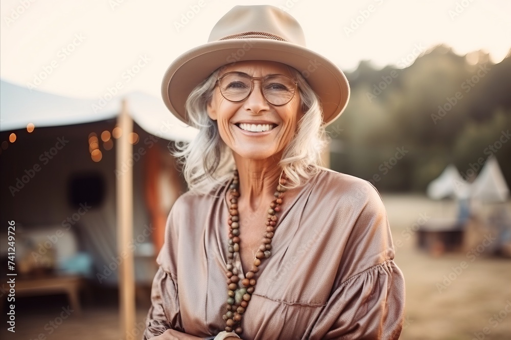 Portrait of happy senior woman in hat and eyeglasses standing outdoors
