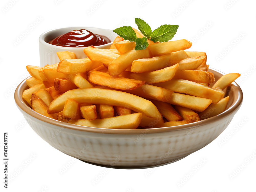 French Fries with Sauce Isolated on Transparent Background. Bowl of Chips French Fries with Sauce Isolated on Transparent Background. Bowl of Chips