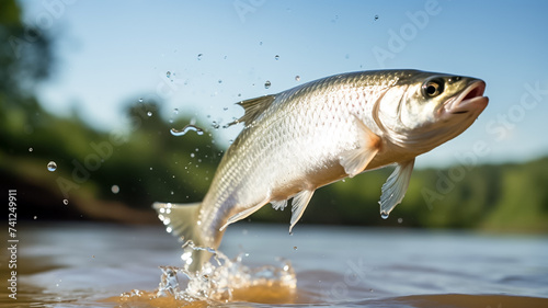 Fish jumping out of water splashes. Fishing concept.

