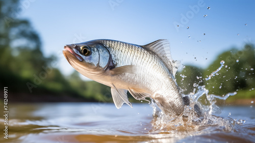 One fish jumps out of the water. Fishing concept. Fishing trophy.