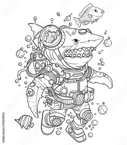 Steampunk Shark Adventure: Illustration for Coloring Book Featuring Underwater Wetsuit