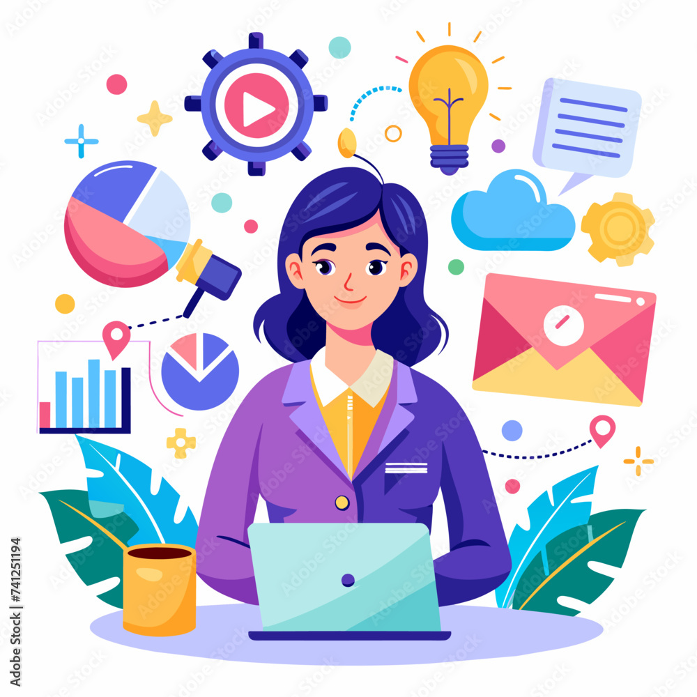 Social Media Marketing Illustration: Businesswoman Engaging in Dynamic Business Activities, Woman Leading a Marketing Project, Driving Success with Vision and Strategy - Business Vector Illustration Social Media Marketing Illustration: Businesswoman Engaging in Dynamic Business Activities, Woman Leading a Marketing Project, Driving Success with Vision and Strategy - Business Vector Illustration