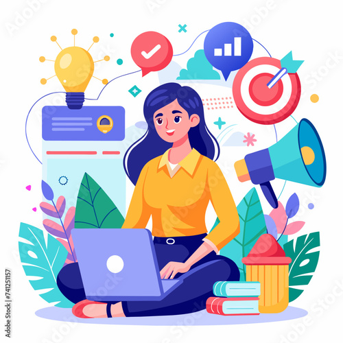 Social Media Marketing Illustration: Businesswoman Engaging in Dynamic Business Activities, Woman Leading a Marketing Project, Driving Success with Vision and Strategy - Business Vector Illustration