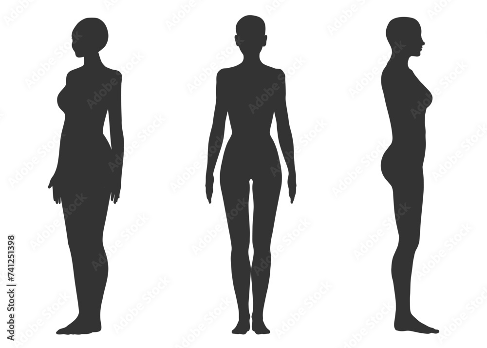女性3人のシルエットセット 全身正面 横向き ななめのイラスト
