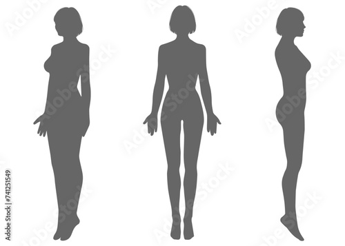 女性の全身シルエットセット 正面 横向き 斜めの人体バリエーションイラスト