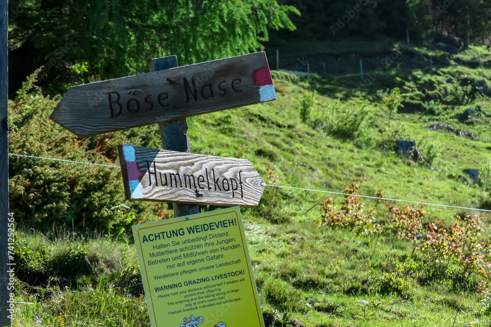 Φωτογραφία Information signs showing direction of hiking trail to Boese Nase, Ankogel Group, Carinthia, Austria