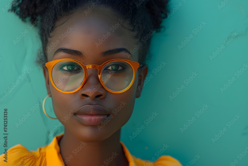 Woman Wearing Yellow Glasses Against Blue Wall Woman Wearing Yellow Glasses Against Blue Wall