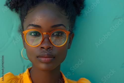Woman Wearing Yellow Glasses Against Blue Wall