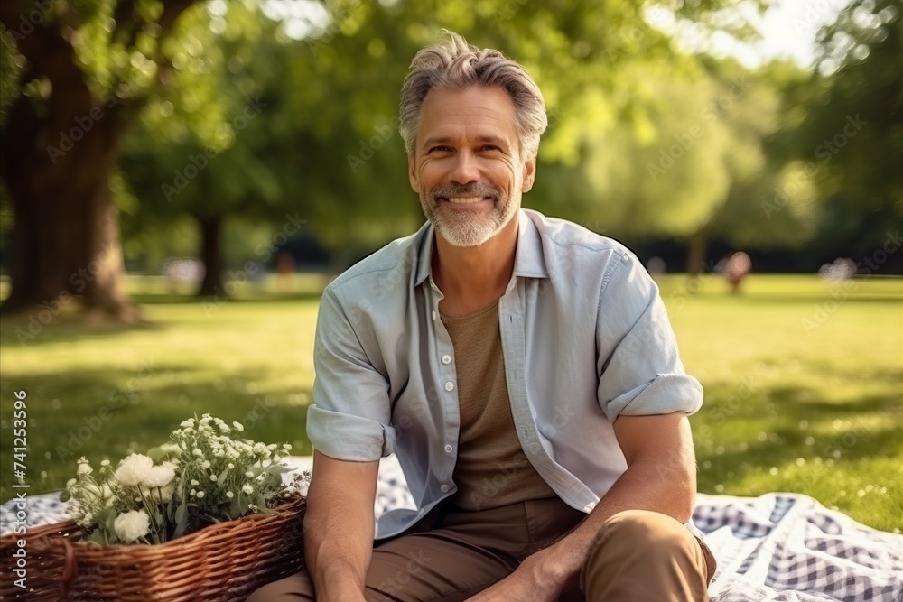 Portrait of a smiling senior man sitting on a picnic blanket in the park Portrait of a smiling senior man sitting on a picnic blanket in the park
