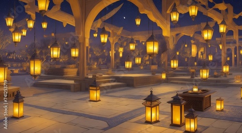illustration street at night in mosque