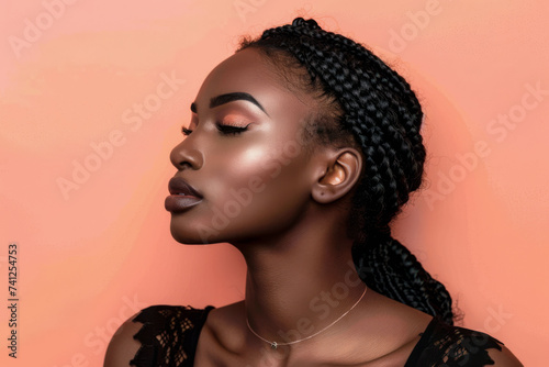 Portrait of a beautiful young woman isolated on a peach copyspace background for text