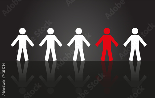 Unique individual standing out from the crowd. Vector illustration of people icons, one in red