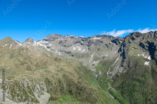 Panoramic view of unique mountain ridge Boese Nase in Ankogel Group, Carinthia, Austria. Idyllic hiking trail in remote Austrian Alps in summer. Looking at majestic rugged terrain of alpine landscape