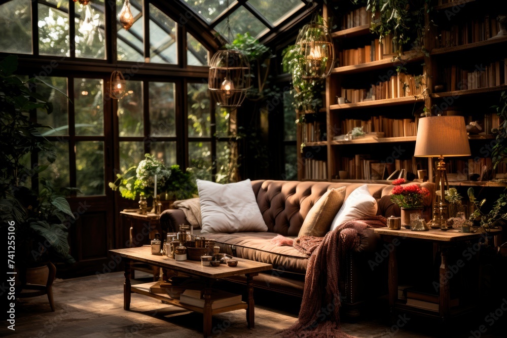 Cozy Home Interior with Bookshelves and Comfortable Sofa.