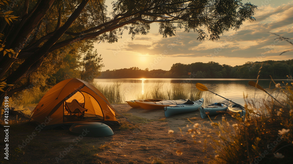 Camping tent in a forest by the river