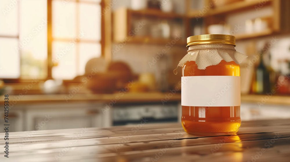 Honey jar mockup with blank label. blurry kitchen background. Honey jar mockup with blank label. blurry kitchen background.
