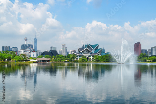 Photography Awesome Kuala Lumpur skyline. Scenic lake and fountains