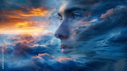 Double exposure combines face and clouds. The concept of the unity of nature and man. The concept of the unity of nature and man. Panoramic view. Dreams or spirituality. Illustration for design.