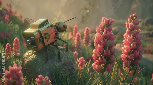 A robotic bee perches on a flower and pollinates it. Hard-working insect pollinator with artificial intelligence at work. Technologies of the future. Illustration for varied design. photo