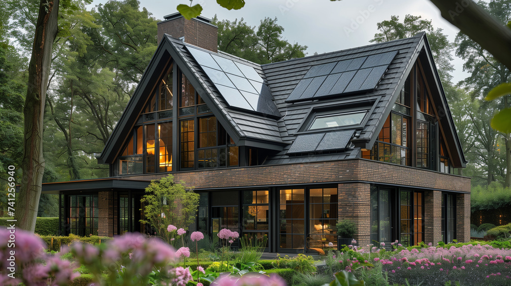 modern home with solar panels attached on the roof against a sunny sky, Close up of new house with black solar panels during spring with flowers, luxury villa modern home with solar panels attached on the roof against a sunny sky, Close up of new house with black solar panels during spring with flowers, luxury villa