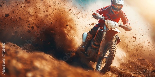 A Motocross Rider Kicks Up a Storm of Dust on a Rugged Dirt Track, Exemplifying Speed and Daring, Generative AI